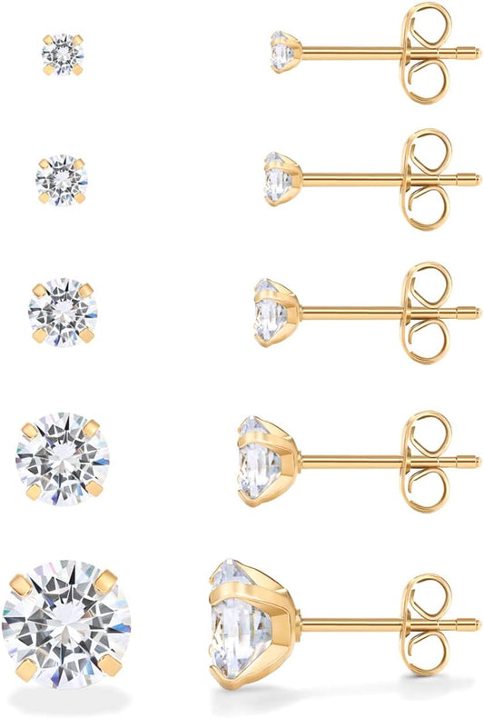 PAVOI CZ Waterproof Stud Earring Set, 14K Gold Plated