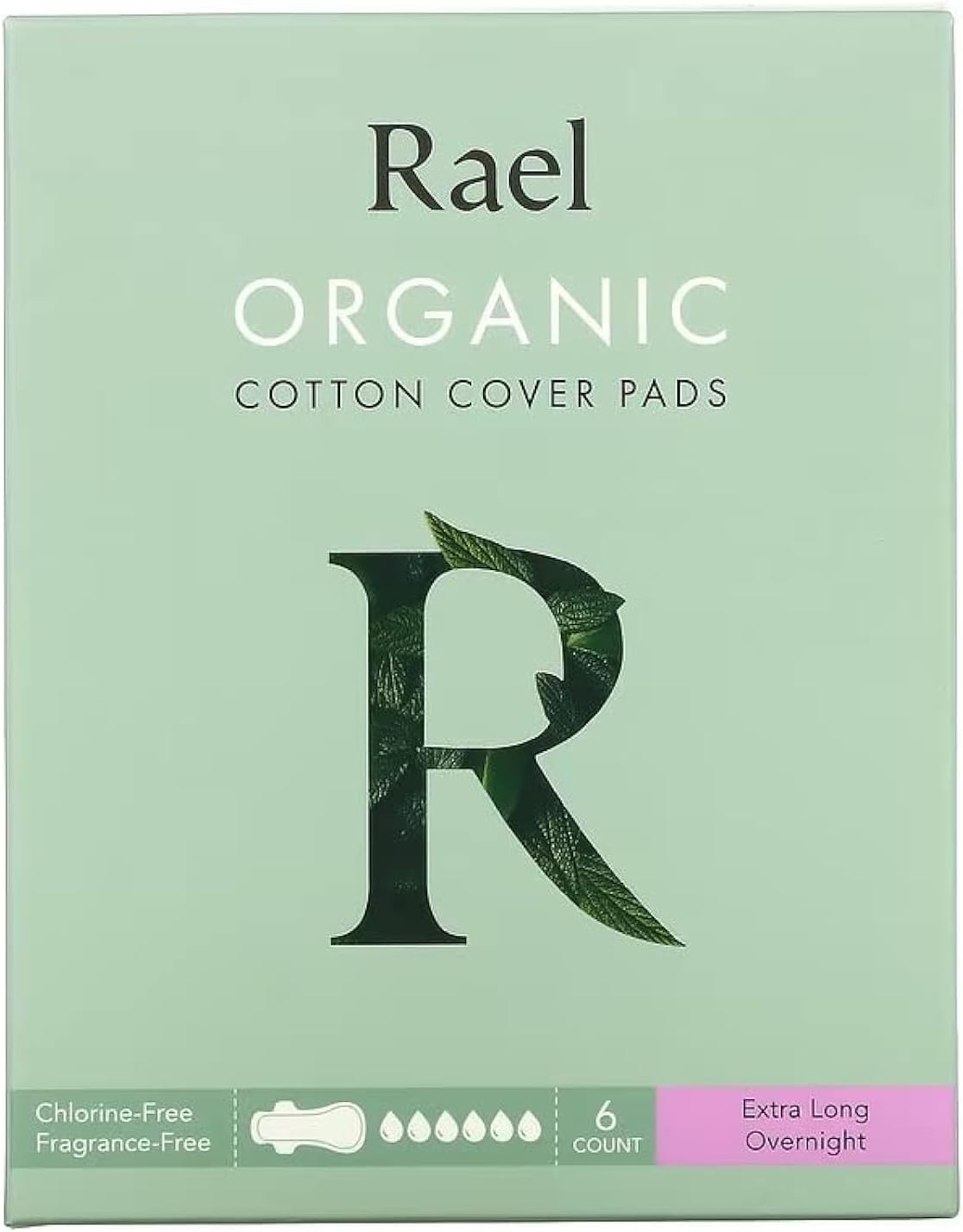 Rael Organic Cotton Cover Pads, Extra Long Overnight, 6 Count