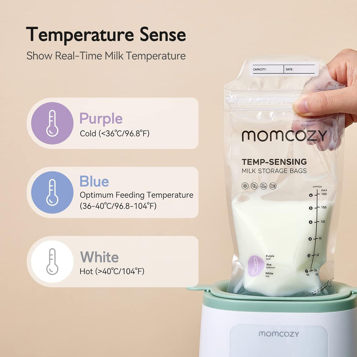 Momcozy Breast Milk Storage Bags with Temperature Sensor, 6 oz, 120 Count — alternate product view