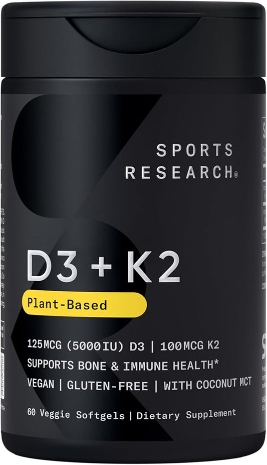 Sports Research Vegan Vitamin D3 + K2 with Coconut Oil, 60 Plantgels