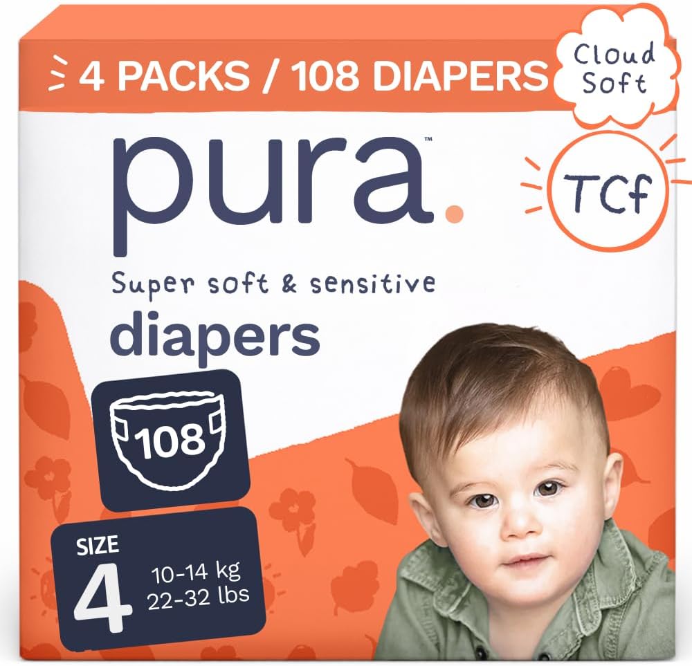 Pura Baby Nappies, Size 4 (22-32 lbs), 108 Count, Sensitive Skin