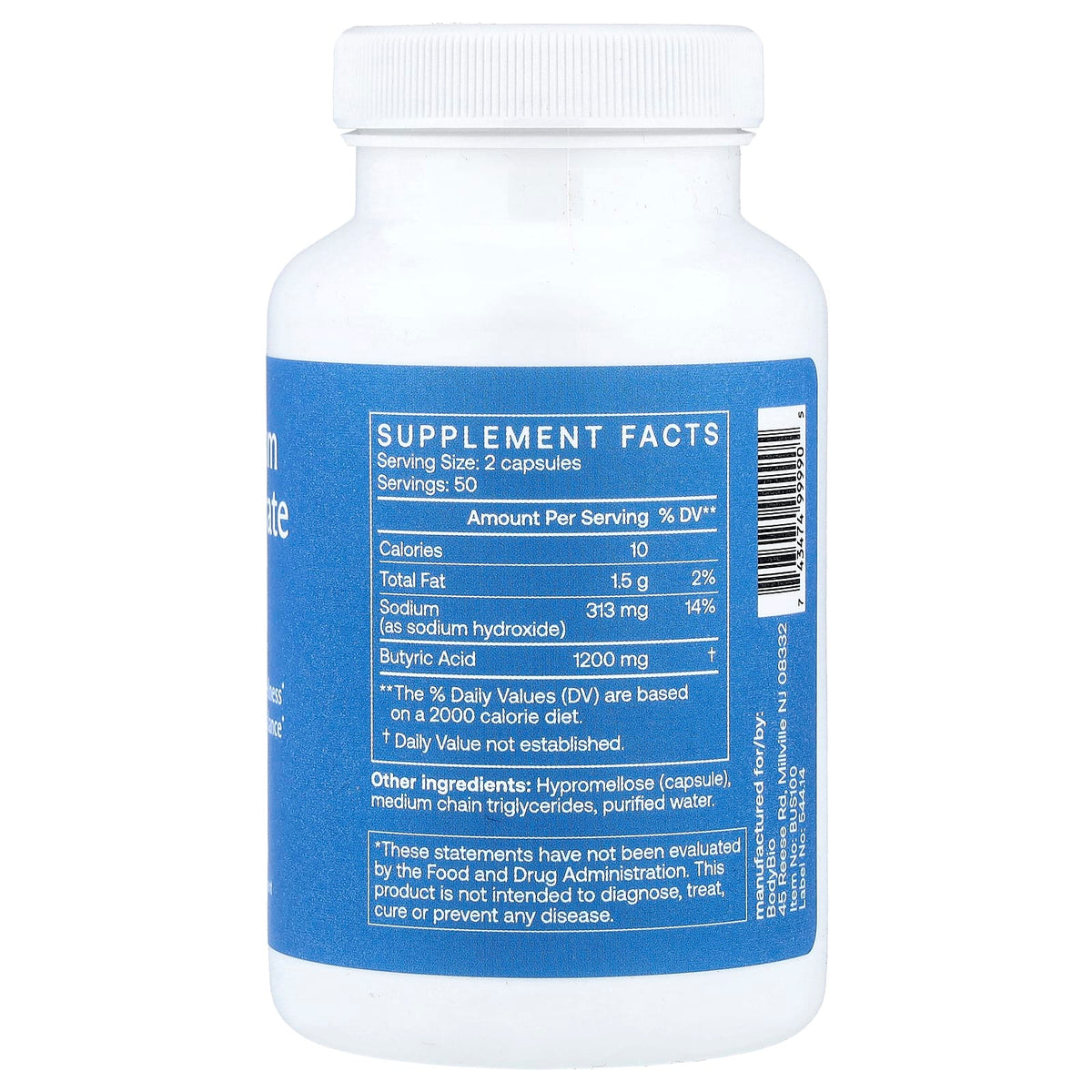 BodyBio Sodium Butyrate, 100 Capsules — alternate product view