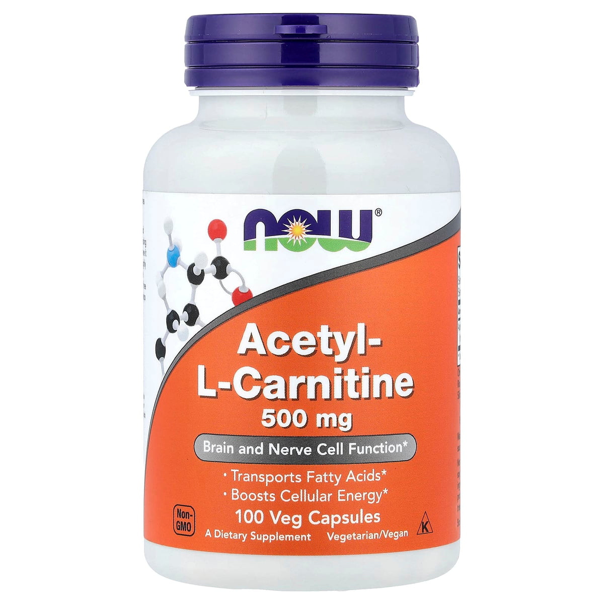 NOW Foods Acetyl-L-Carnitine 500 mg, 100 Veg Capsules — product view