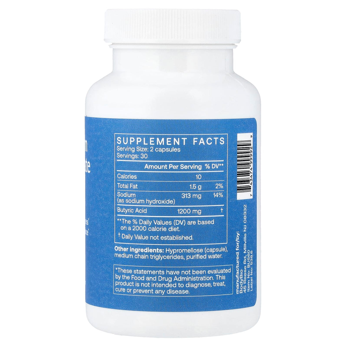 BodyBio Sodium Butyrate, 60 Capsules - view 2