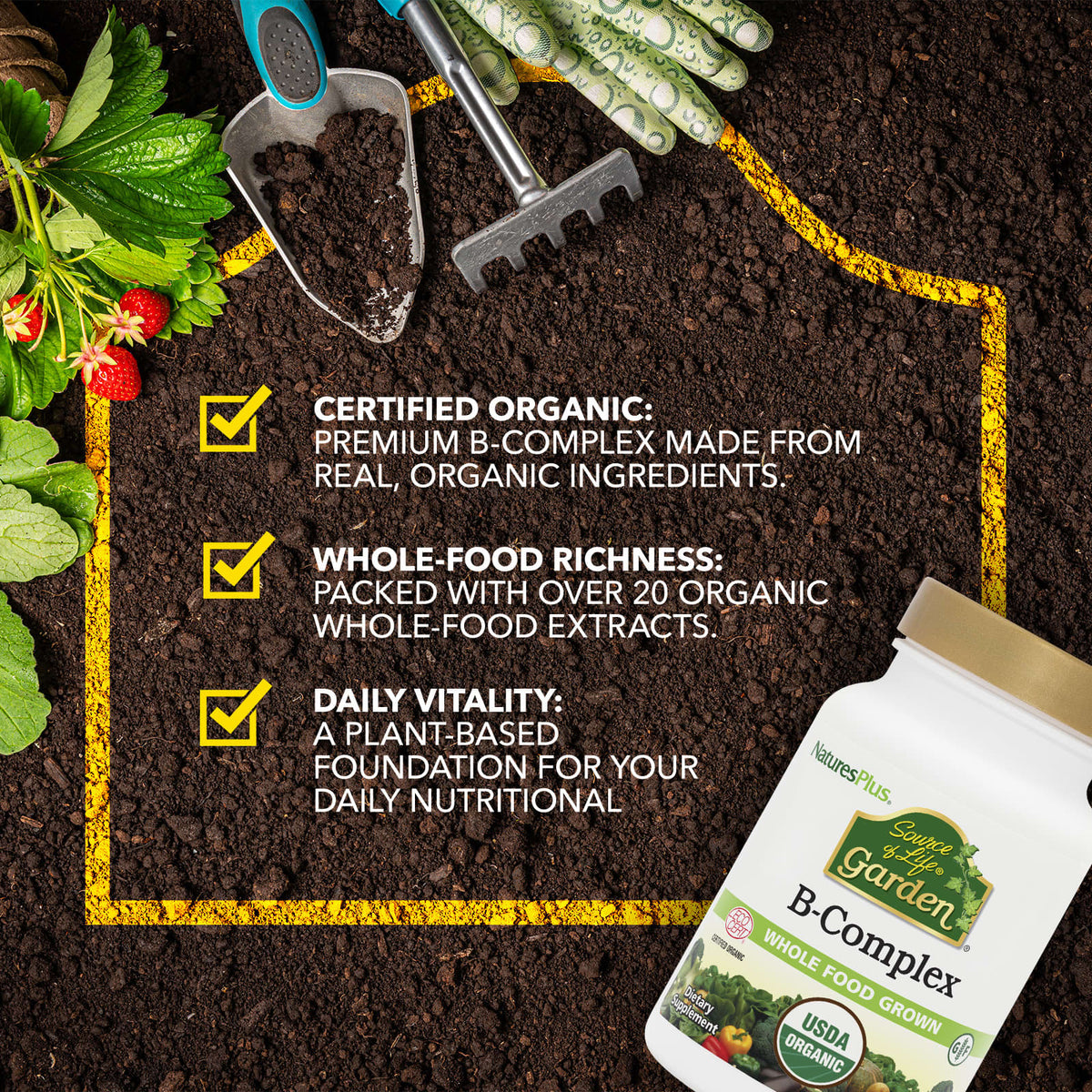 NaturesPlus Source of Life Garden Organic B-Complex, 60 Vegan Capsules - view 4