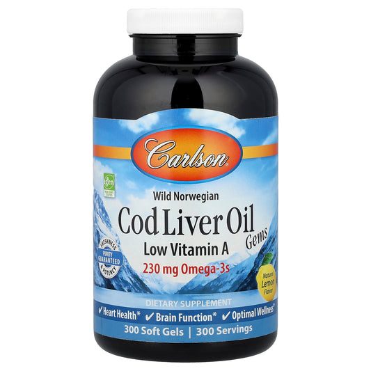 Carlson Wild Norwegian Cod Liver Oil Gems, Low Vitamin A, Lemon, 300 Soft Gels