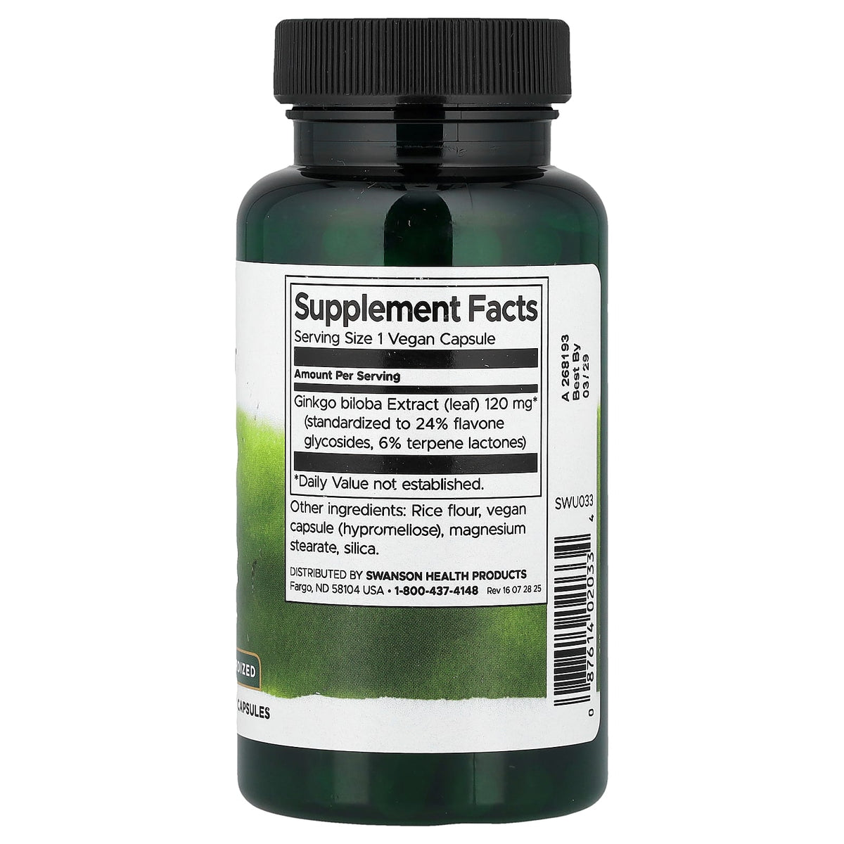 Swanson Vitamins Ginkgo Biloba Extract, Standardised, 120 mg, 100 Vegan Capsules — alternate product view