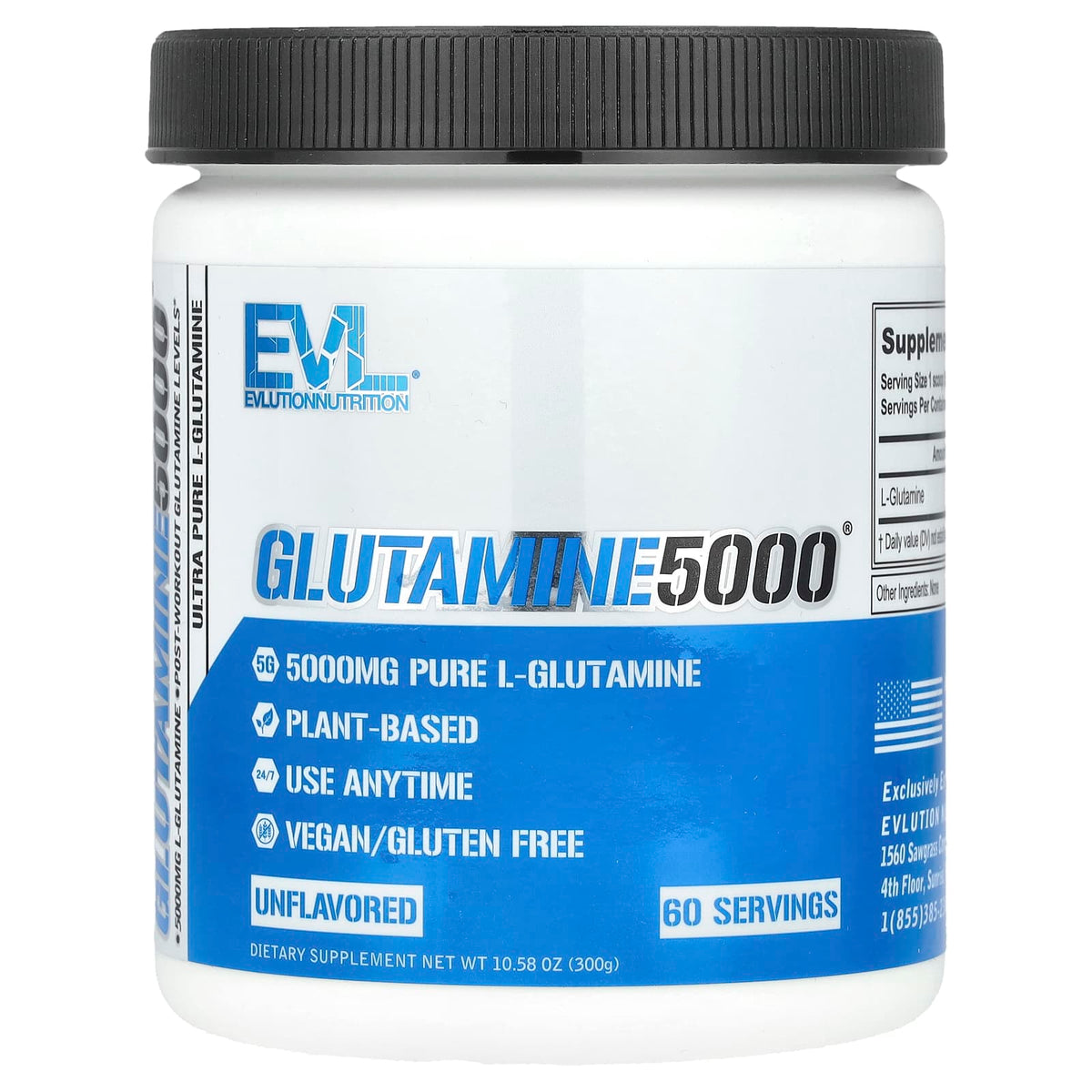 EVLution Nutrition Glutamine5000, Unflavoured, 300 g (10.58 oz) — product view
