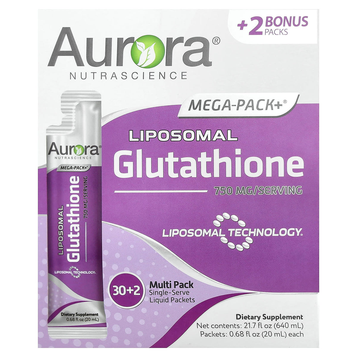 Aurora Nutrascience Mega-Pack+ Liposomal Glutathione, 32 Packets, 20 ml Each