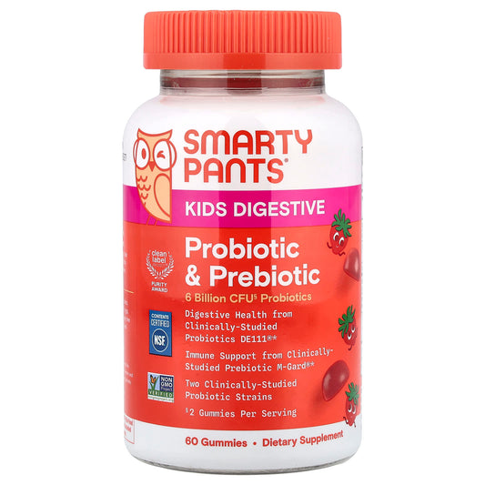SmartyPants Kids Digestive Prebiotic & Probiotic Gummies, Strawberry, 60 Count