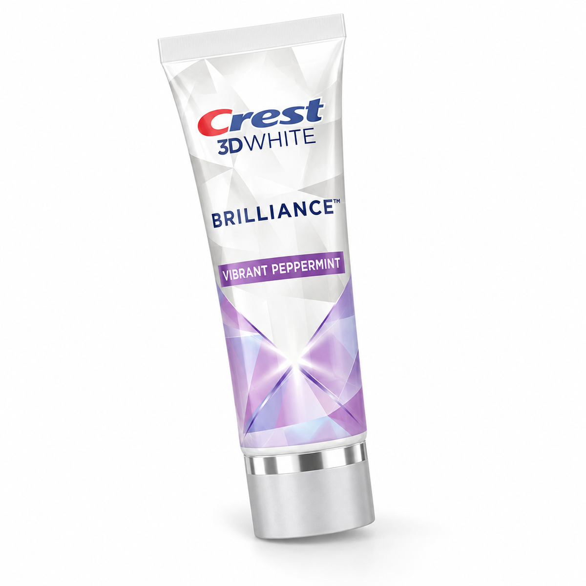 Crest 3D White Brilliance Vibrant Peppermint toothpaste tube at a slight angle on a white background
