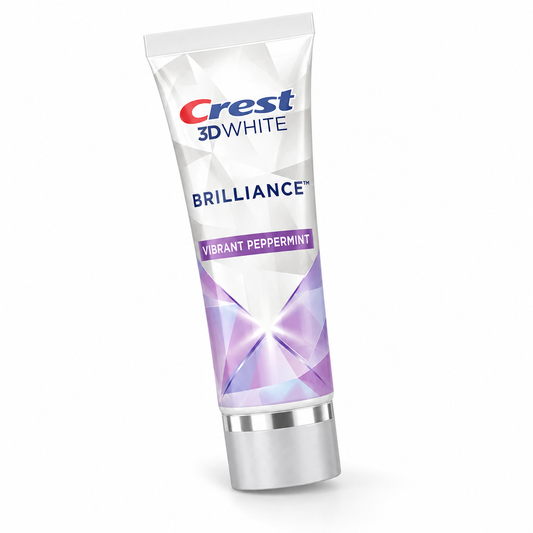Crest 3D White Brilliance Vibrant Peppermint toothpaste tube at a slight angle on a white background