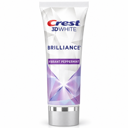 Front view of Crest 3D White Brilliance Vibrant Peppermint toothpaste on a plain white background