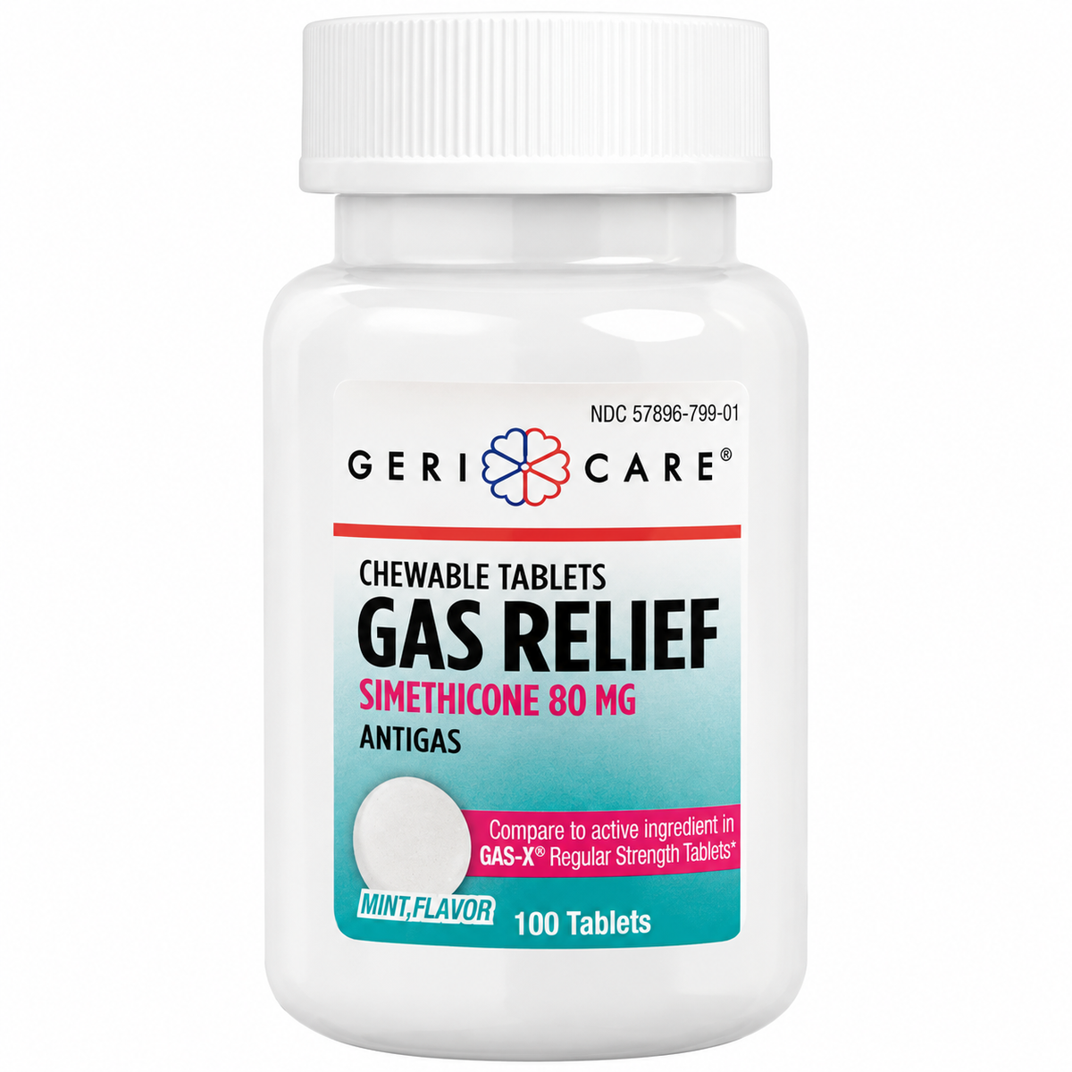 GeriCare Gas Relief Simethicone 80 mg Mint Chewable Tablets - 100 Count - Front of bottle