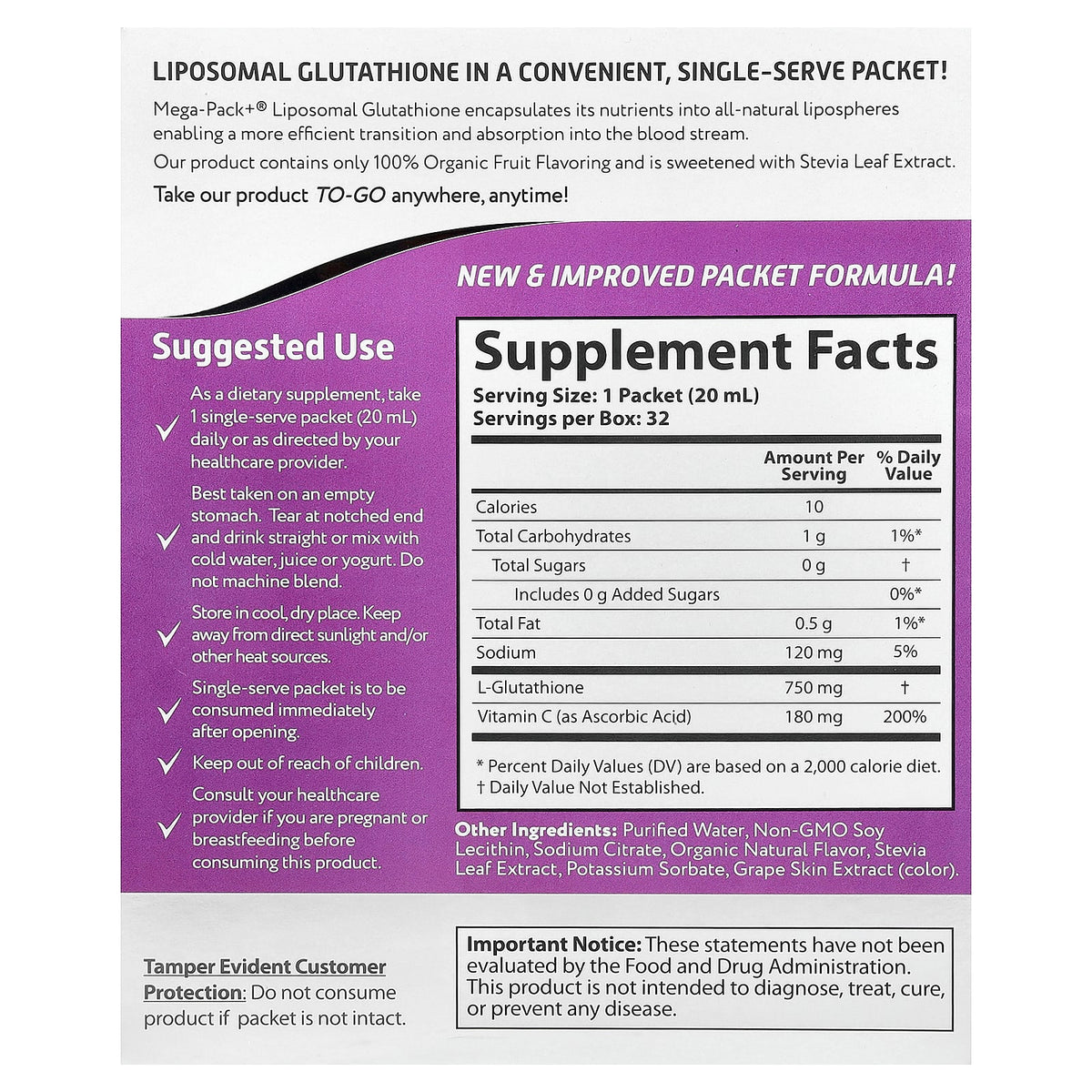 Aurora Nutrascience Mega-Pack+ Liposomal Glutathione, 32 Packets, 20 ml Each - view 2