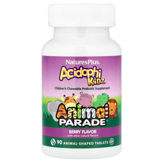 NaturesPlus Animal Parade AcidophiKidz Chewable Probiotic, Berry, 90 Tablets