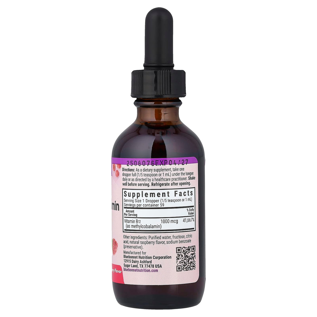 Bluebonnet Nutrition Liquid Methylcobalamin Vitamin B12, Raspberry, 59 ml (2 fl oz) — alternate product view