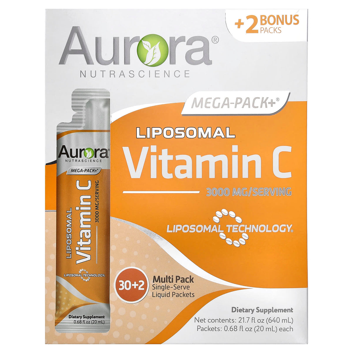 Aurora Nutrascience Mega-Pack+ Liposomal Vitamin C, 32 Packs, 20 ml Each