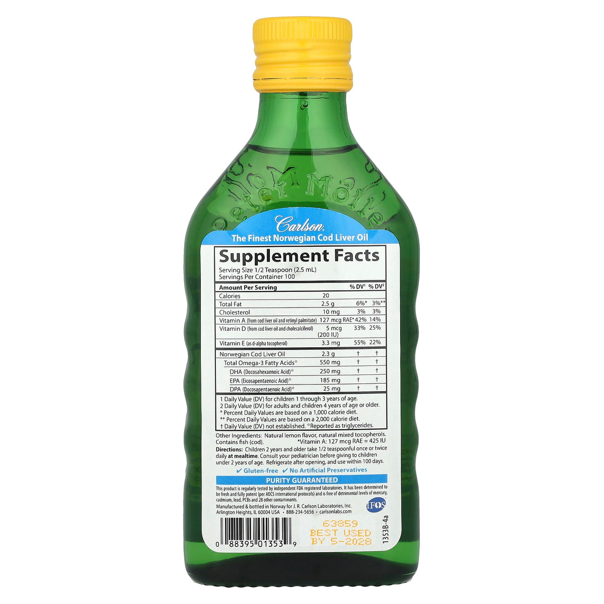 Carlson Kid's Norwegian Cod Liver Oil, Natural Lemon, 250 ml (8.4 fl oz) - view 2
