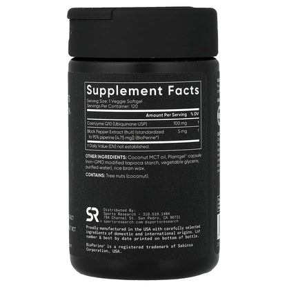 Sports Research CoQ10 USP Grade with BioPerine, 100 mg, 120 Veggie Softgels - view 2