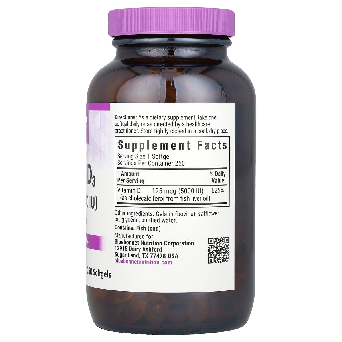 Bluebonnet Nutrition Vitamin D3, 125 mcg (5,000 IU), 250 Softgels - view 2