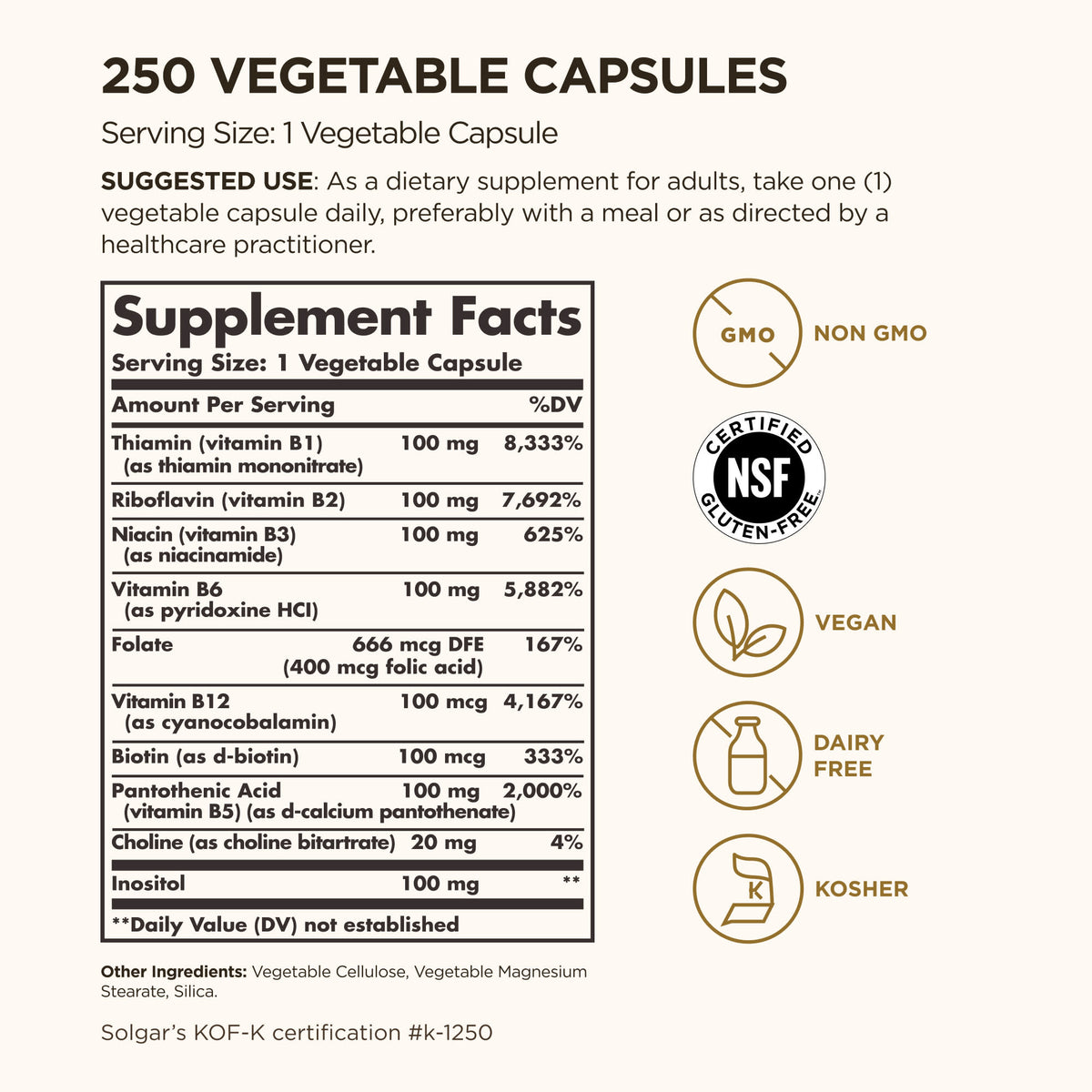 Solgar B-Complex "100", 250 Vegetable Capsules - view 3