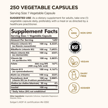 Solgar B-Complex "100", 250 Vegetable Capsules - view 3