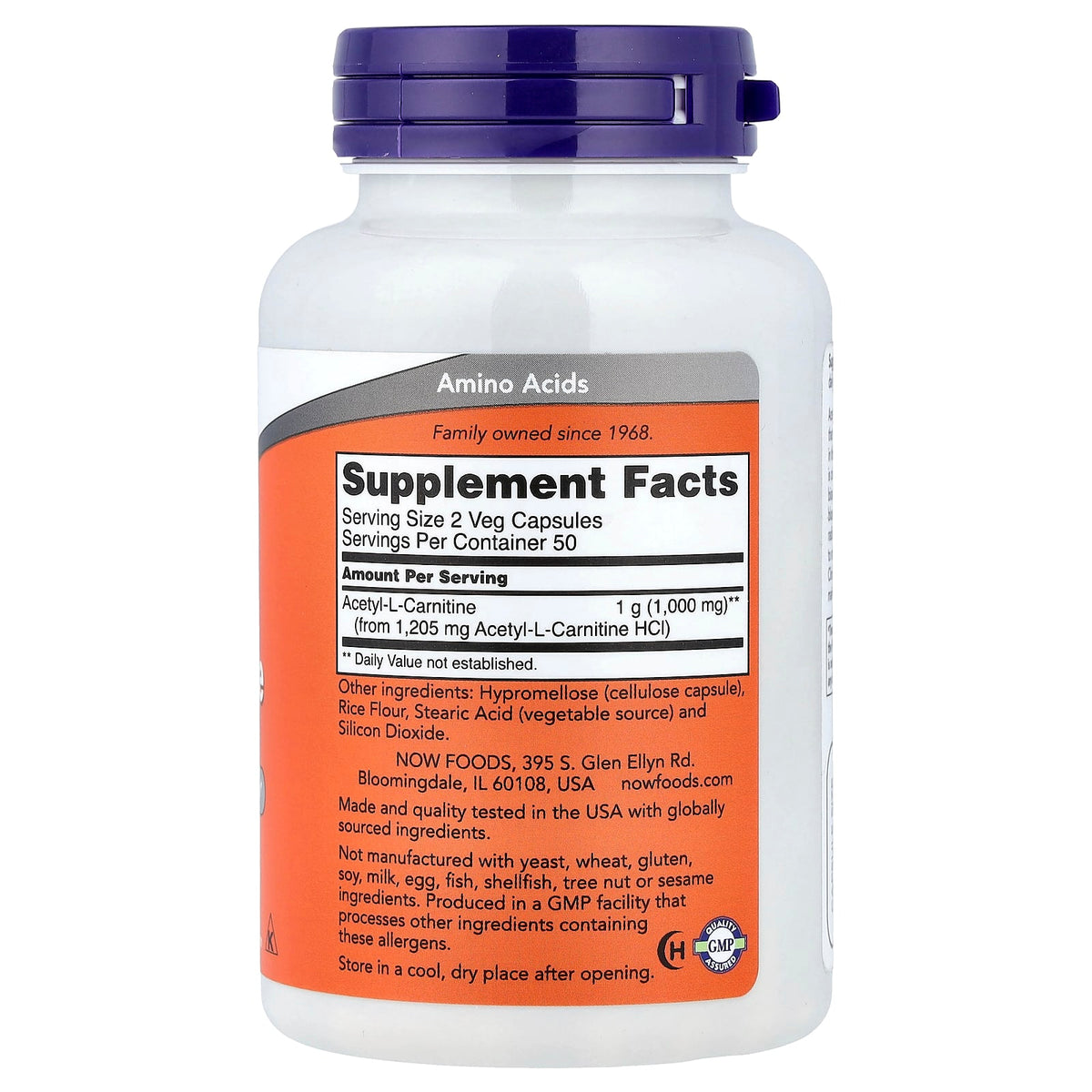 NOW Foods Acetyl-L-Carnitine 500 mg, 100 Veg Capsules — alternate product view