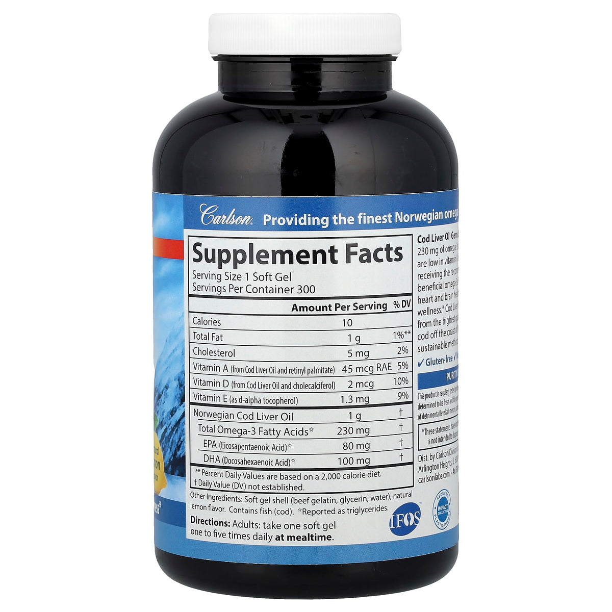 Carlson Wild Norwegian Cod Liver Oil Gems, Low Vitamin A, Lemon, 300 Soft Gels — alternate product view