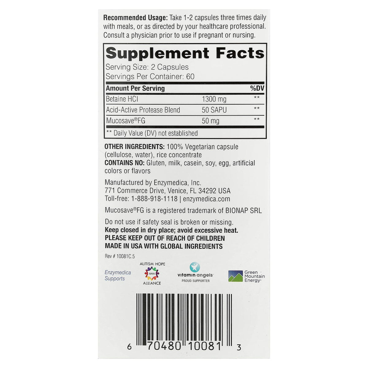 Enzymedica Fast-Acting Betaine HCl, 120 Capsules — alternate product view