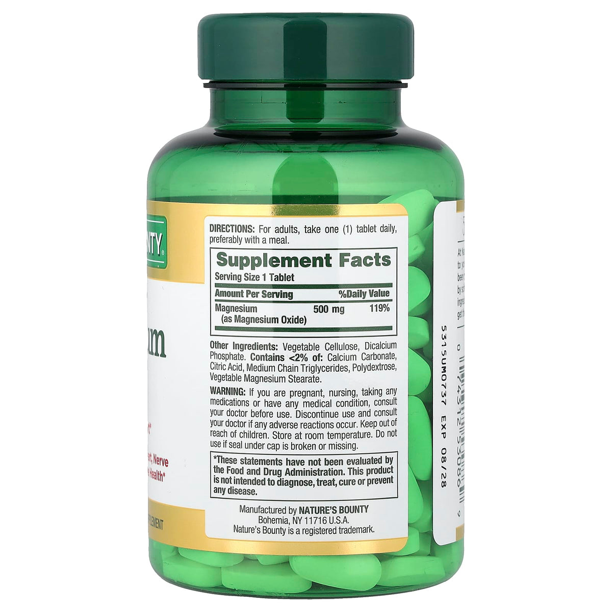 Nature's Bounty Magnesium High Potency, 500 mg, 200 Coated Tablets - view 2