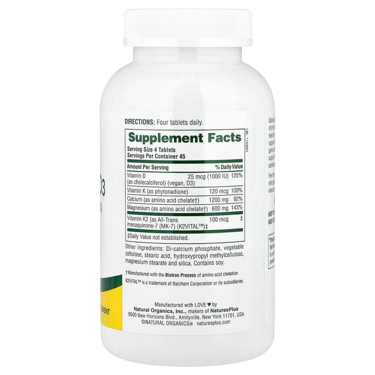 NaturesPlus Cal/Mag/Vit D3 with Vitamin K2, 180 Tablets - view 2