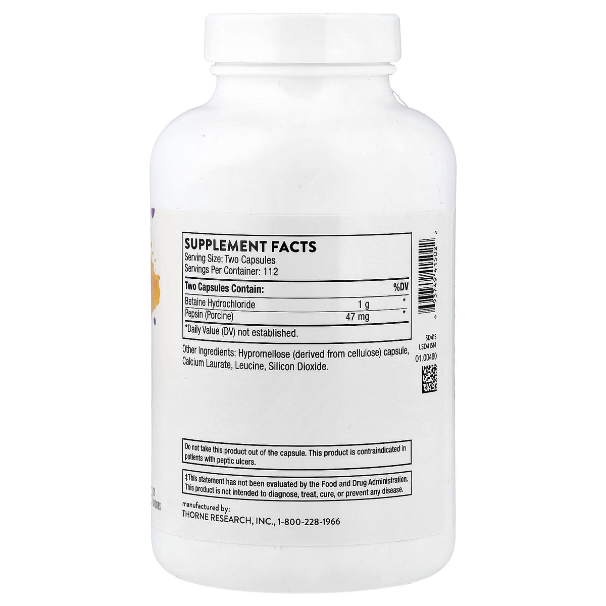 Thorne Betaine HCL & Pepsin, 225 Capsules - view 2
