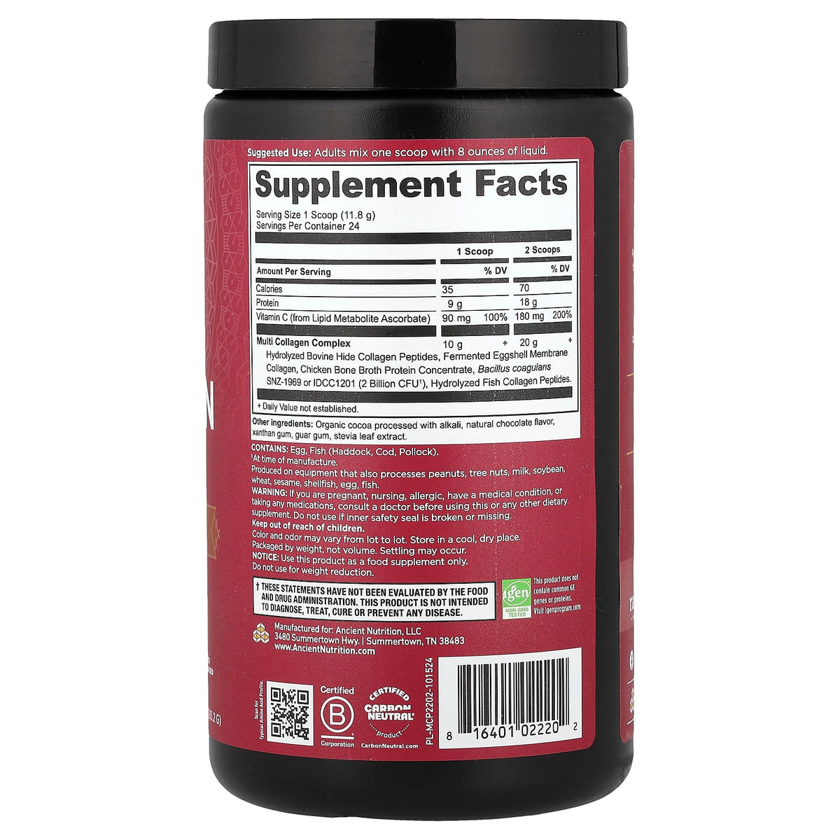 Ancient Nutrition Multi Collagen Protein, Chocolate, 283.2 g (10 oz) - view 2