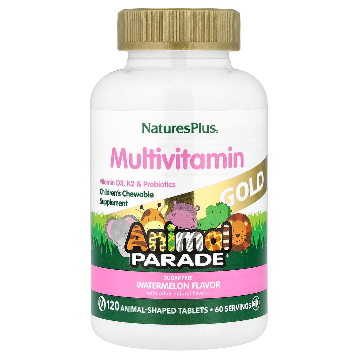 NaturesPlus Animal Parade Gold Children's Multivitamin, Watermelon, 120 Tablets — product view