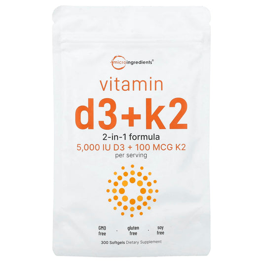 Micro Ingredients Vitamin D3 + K2 with Sunflower Seed Oil, 300 Softgels