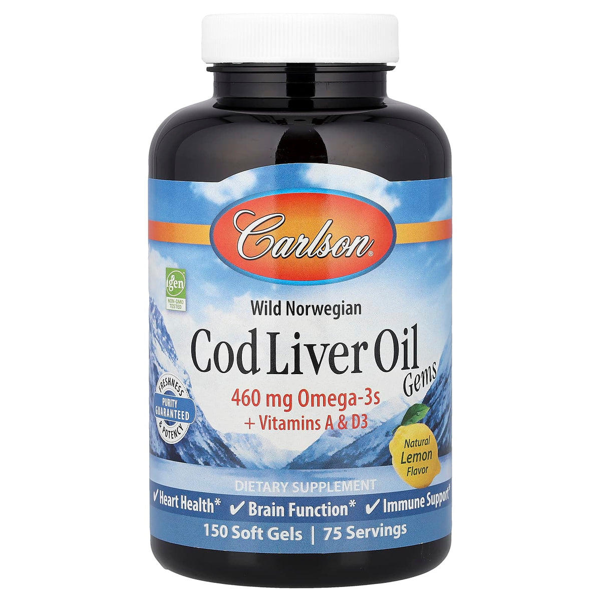 Carlson Wild Norwegian Cod Liver Oil Gems, Natural Lemon, 150 Soft Gels