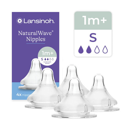 Lansinoh NaturalWave Baby Bottle Teats, Slow Flow (S), 4 Count