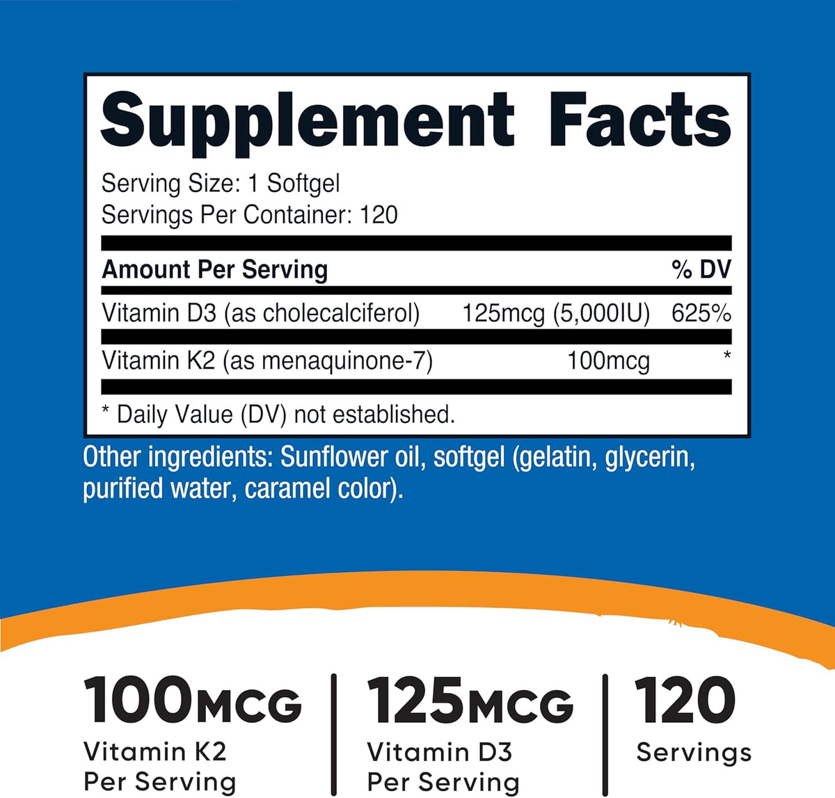 Nutricost Vitamin D3 5000 IU + K2 100 mcg (MK7), 120 Softgels - view 2
