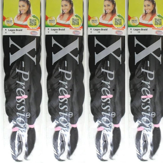 X-Pression Lagos Braid Pre-Pulled Braiding Hair, Colour 1B, 4 Packs