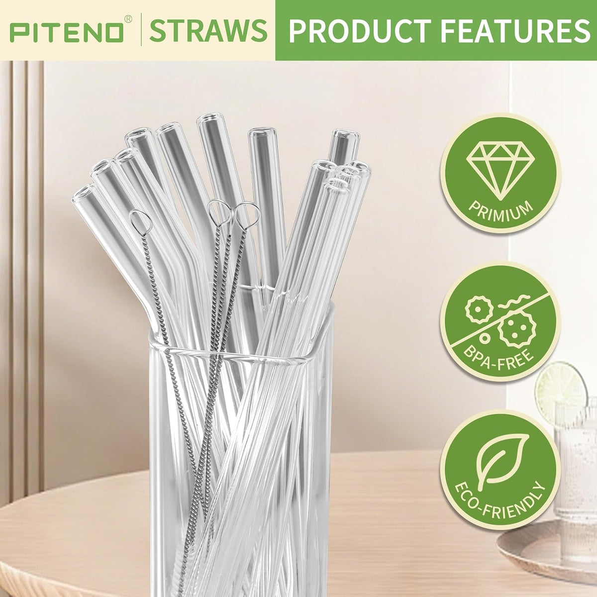 Piteno Reusable Glass Straws, 12 Pack with 4 Cleaning Brushes, 8.5 Inch - view 4