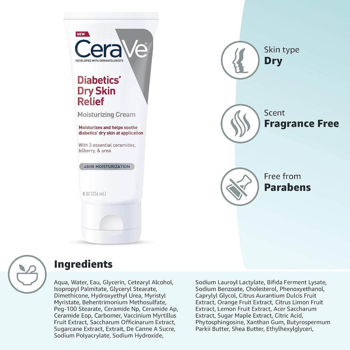 CeraVe Diabetics' Dry Skin Relief Moisturising Cream with Urea, 8 oz - view 6
