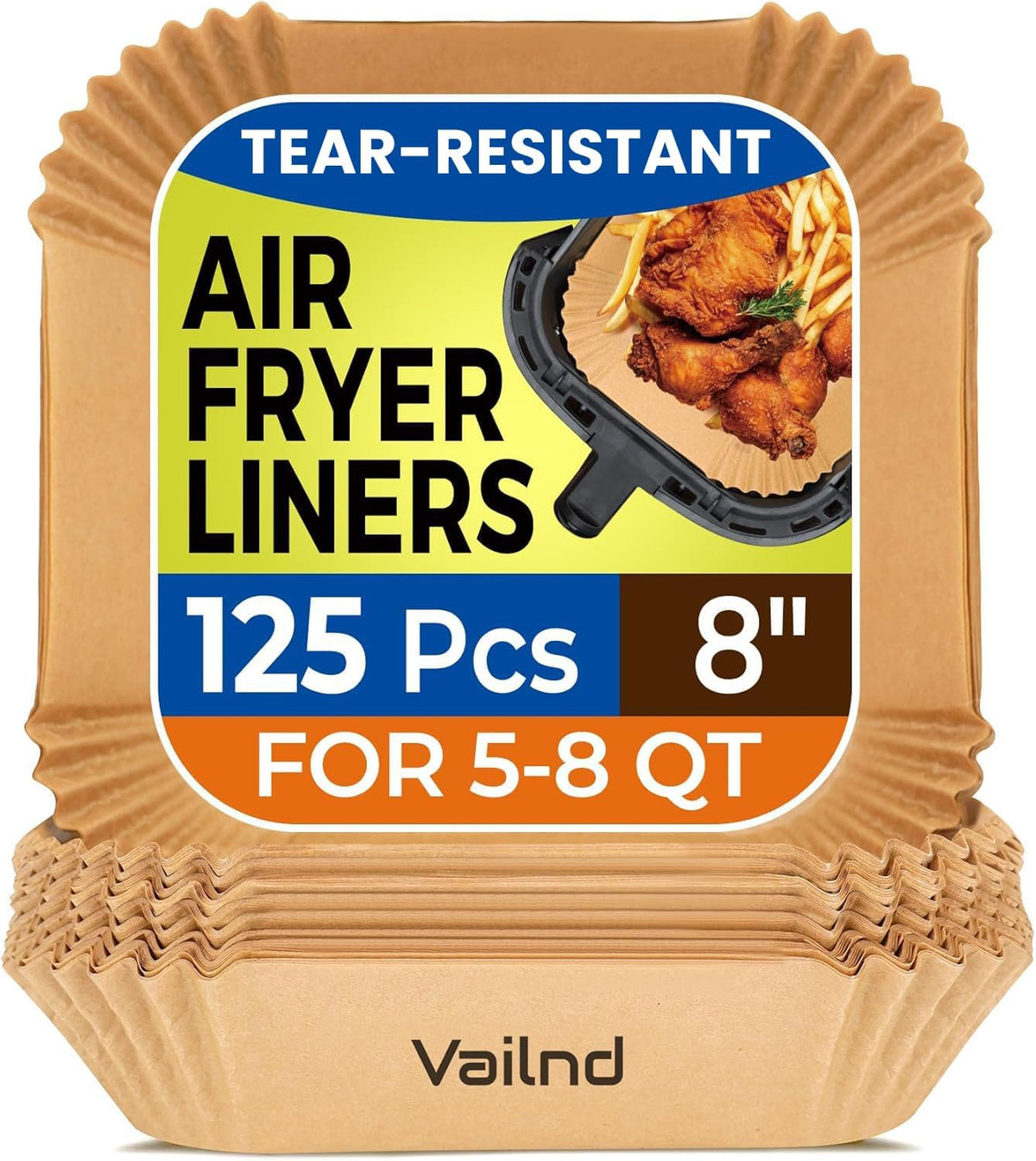 Vailnd 8 Inch Square Air Fryer Parchment Liners, 125 Count — product view