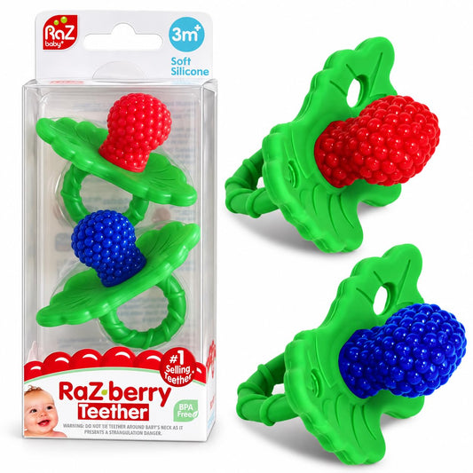 RaZbaby RaZberry Silicone Teether, Red and Blue, 2 Pack