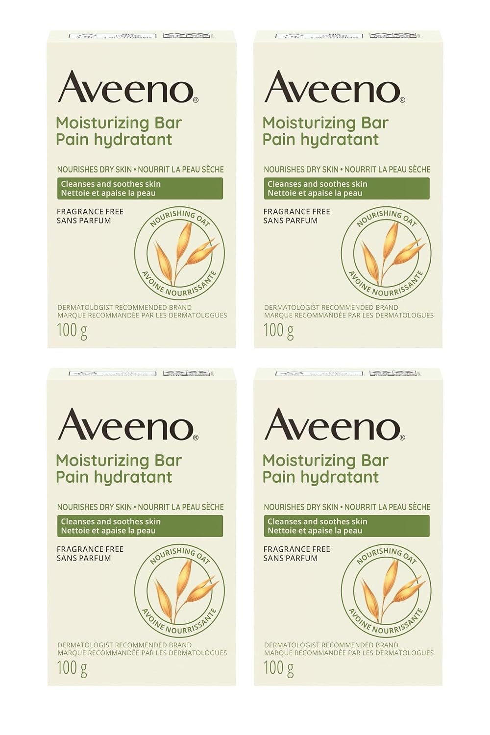 Aveeno Gentle Moisturizing Bar with Oat, Fragrance-Free, 99 g (3.5 oz), Pack of 4 — product view