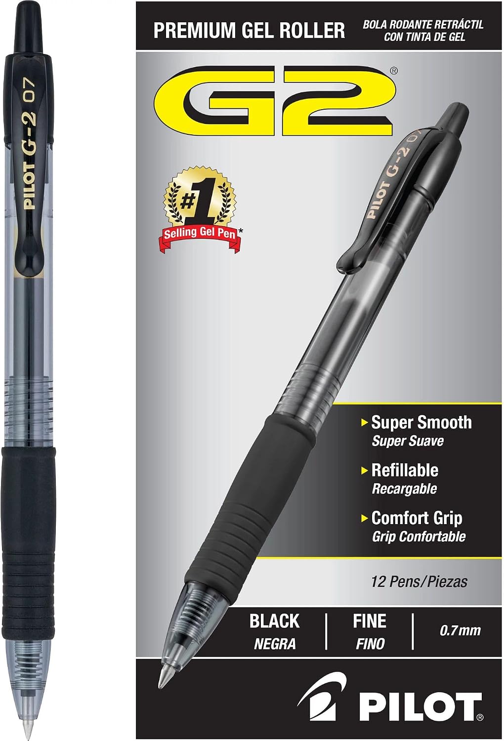 Pilot G2 Premium Gel Pens, Fine Point 0.7 mm, Black Ink, Pack of 12