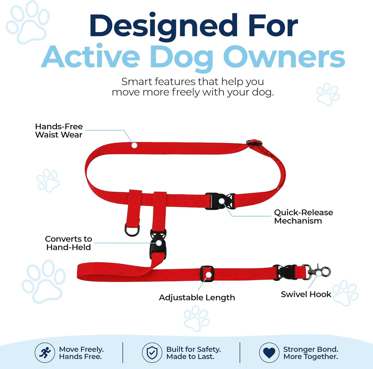 The Buddy System Adjustable Hands Free Dog Lead, Regular, Red - view 3