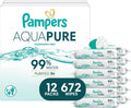 Pampers Aqua Pure Baby Wipes, Unscented, 12 Flip-Top Packs, 672 Wipes