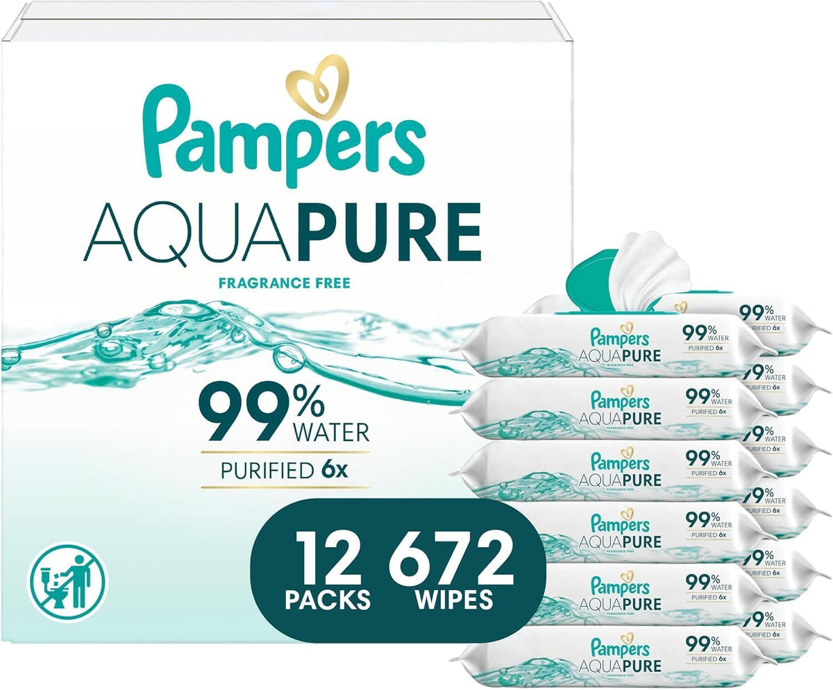 Pampers Aqua Pure Baby Wipes, Unscented, 12 Flip-Top Packs, 672 Wipes — product view