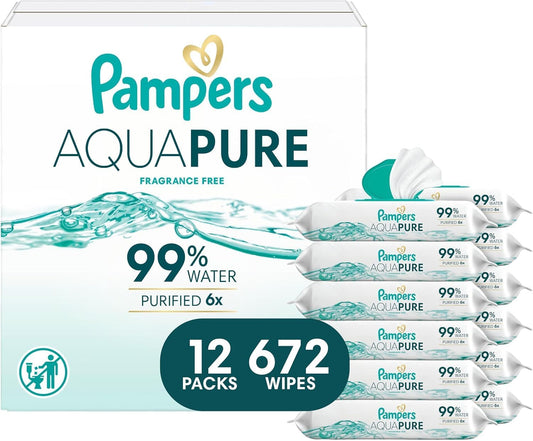 Pampers Aqua Pure Baby Wipes, Unscented, 12 Flip-Top Packs, 672 Wipes